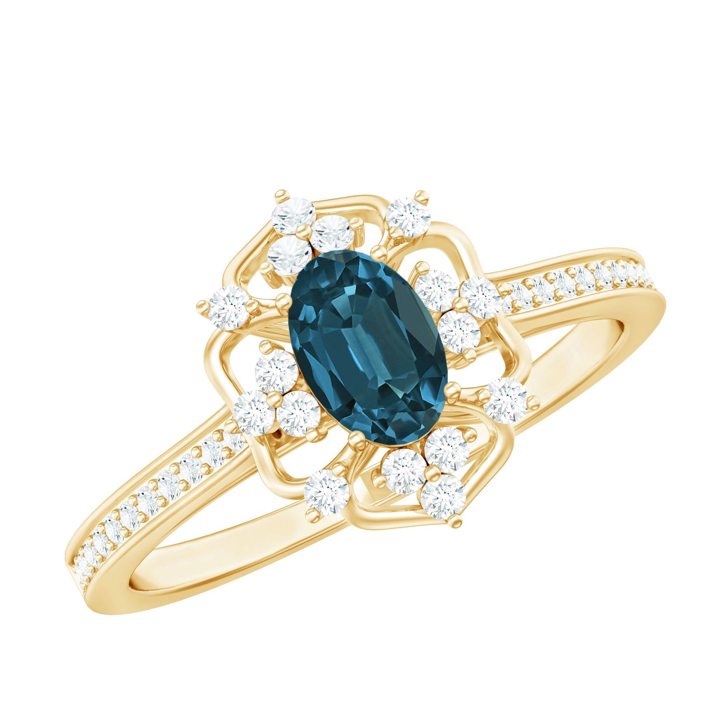 Anillo de compromiso vintage de topacio azul Londres talla ovalada de 0,4 quilates con diamantes
