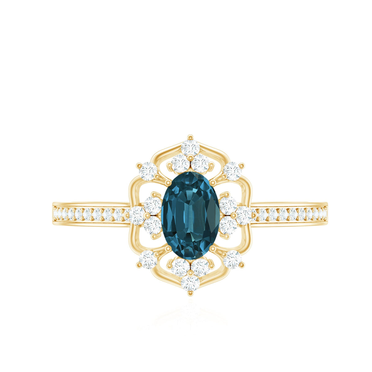 Anillo de compromiso vintage de topacio azul Londres talla ovalada de 0,4 quilates con diamantes