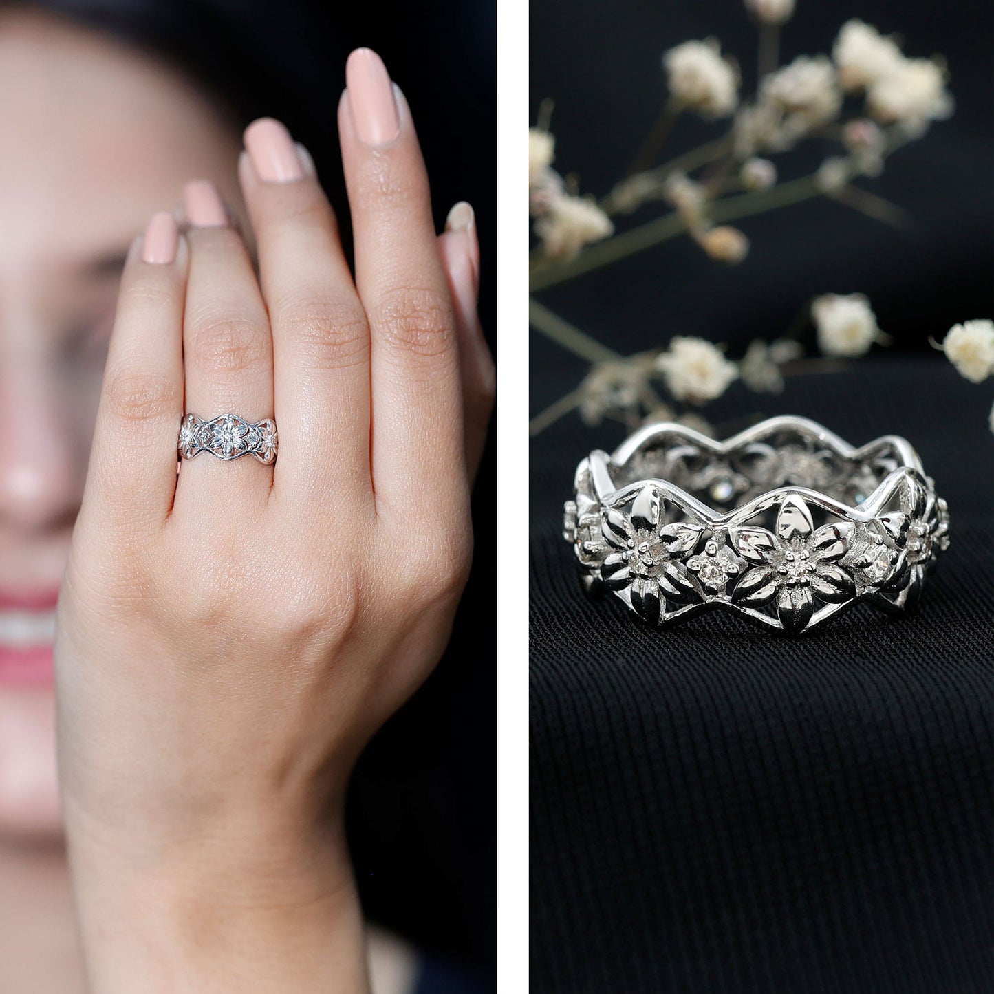 Anillo de boda con diseño floral de diamantes naturales con certificado