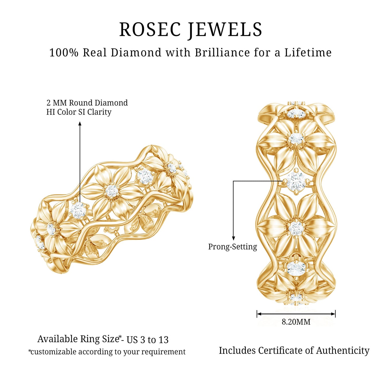 Anillo de boda con diseño floral de diamantes naturales con certificado