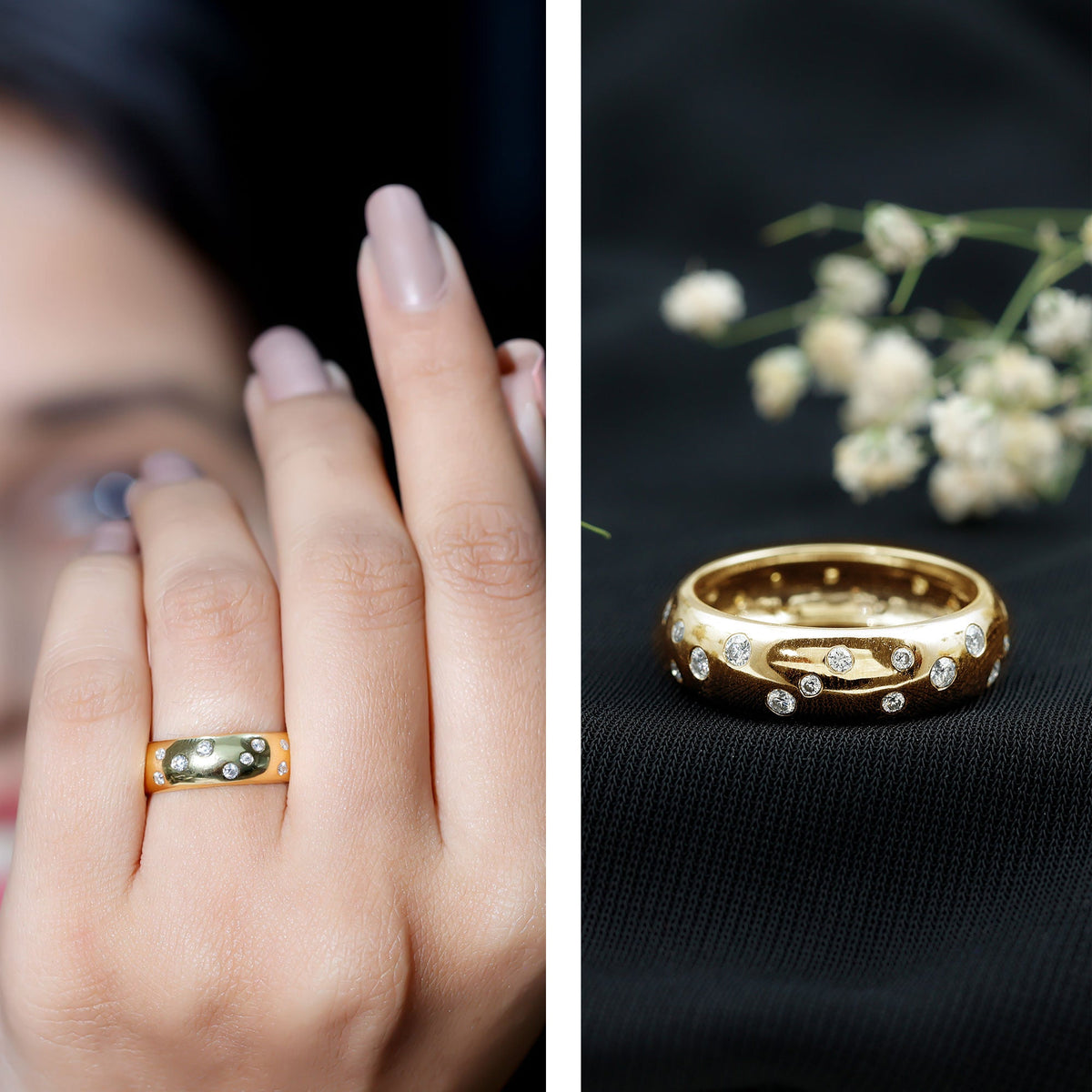 Scatter Moissanite Wedding Wide Band Ring