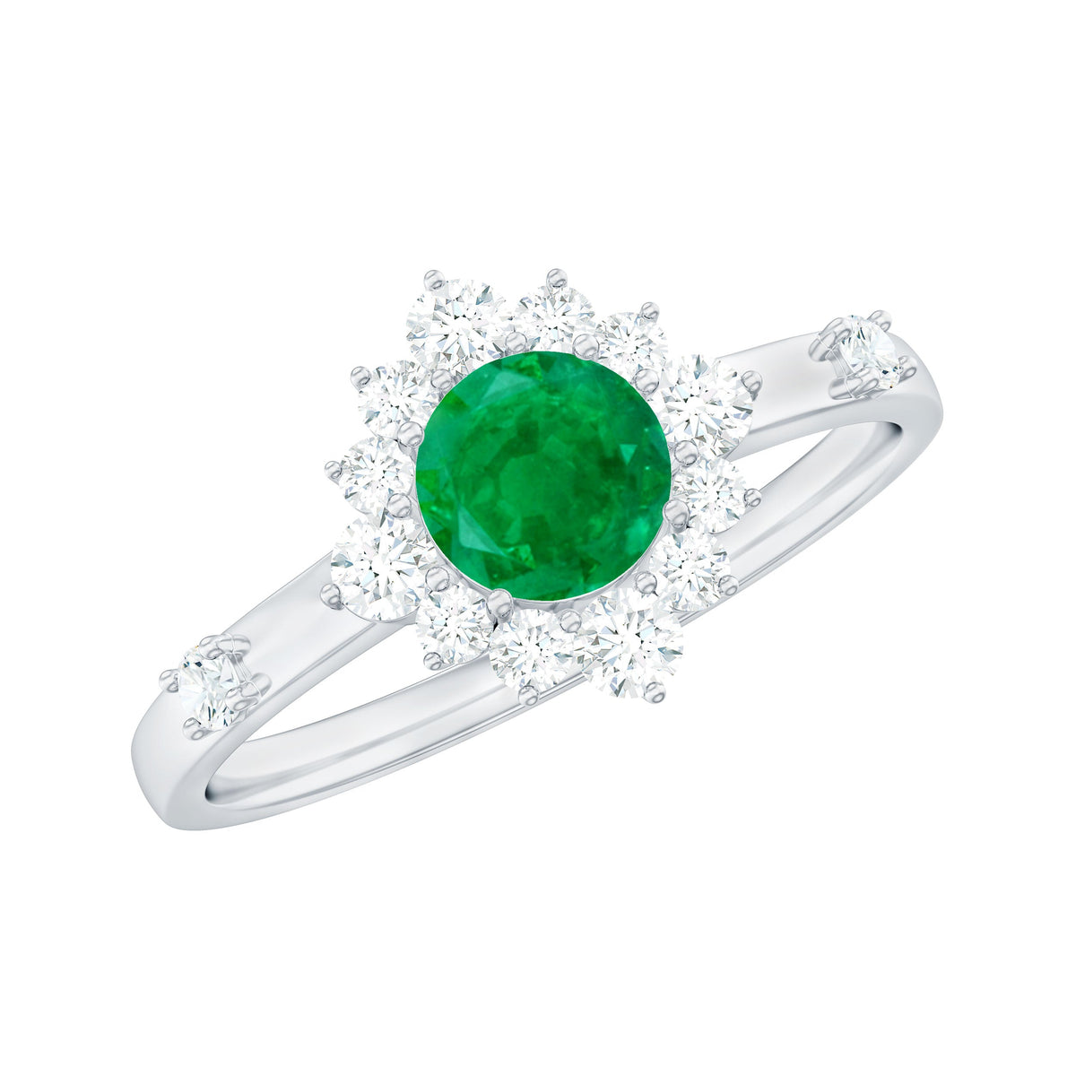 Anillo de Promesa de Esmeralda de Talla Redonda de 0.4 Quilates con Halo de Diamantes