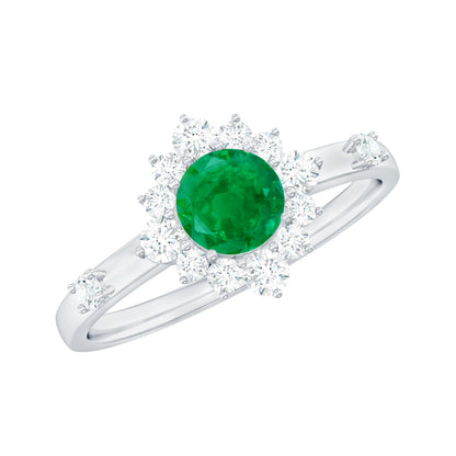 Anillo de Promesa de Esmeralda de Talla Redonda de 0.4 Quilates con Halo de Diamantes