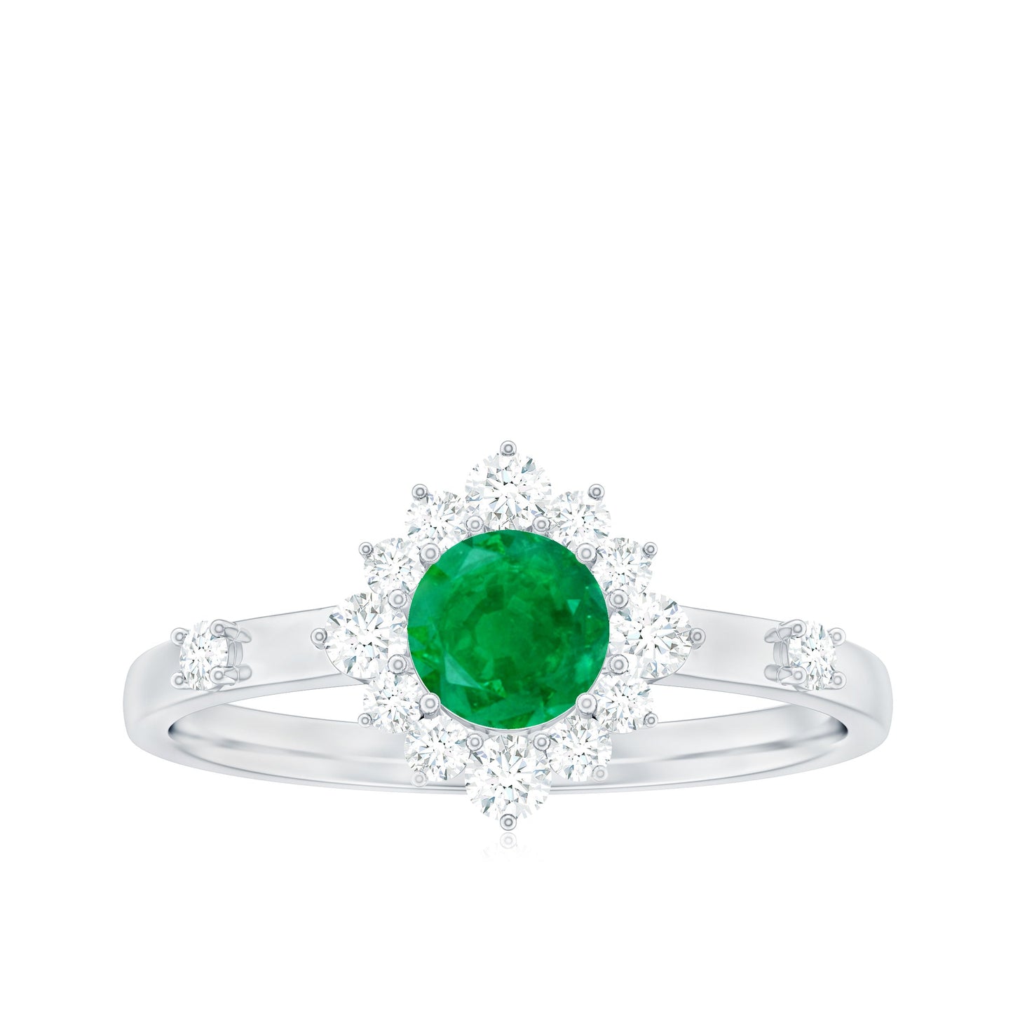 Anillo de Promesa de Esmeralda de Talla Redonda de 0.4 Quilates con Halo de Diamantes
