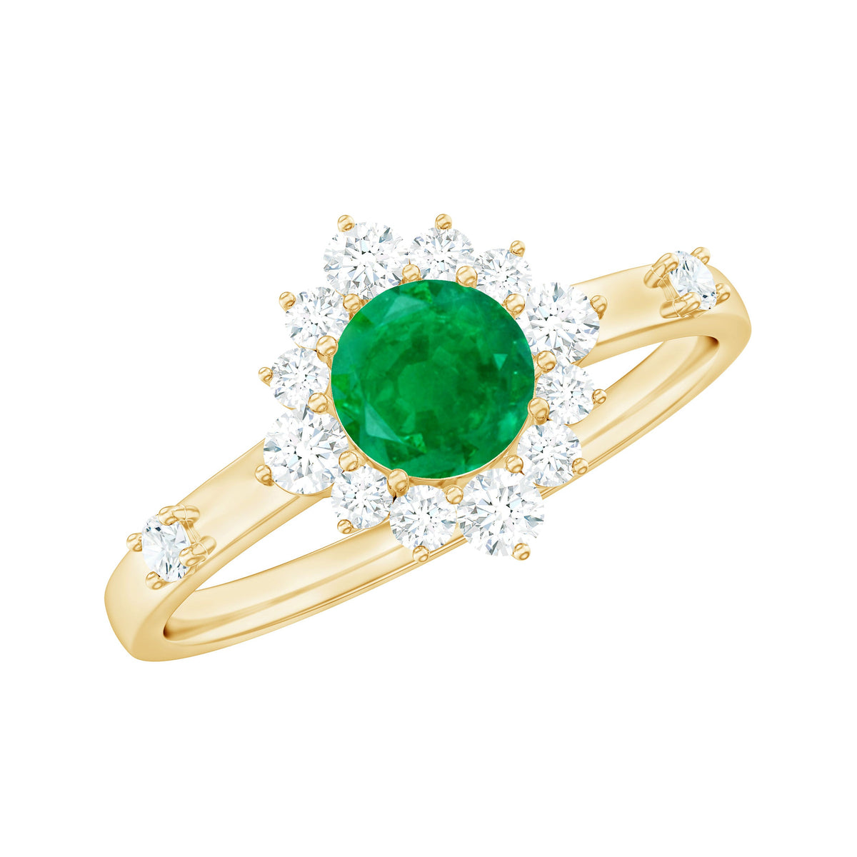 Anillo de Promesa de Esmeralda de Talla Redonda de 0.4 Quilates con Halo de Diamantes