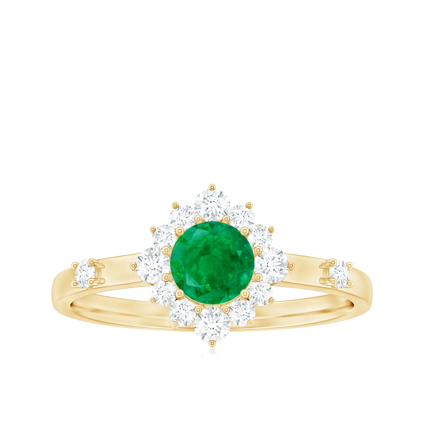 Anillo de Promesa de Esmeralda de Talla Redonda de 0.4 Quilates con Halo de Diamantes