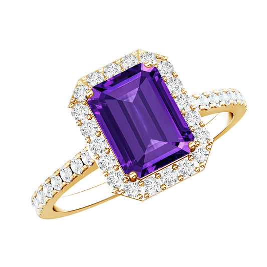 Anillo de compromiso de amatista talla esmeralda de 1,4 quilates con halo de diamantes