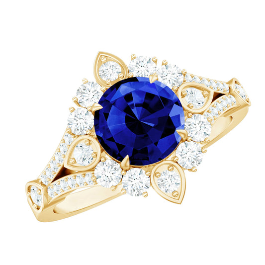 Anillo de compromiso de flor con zafiro azul cultivado en laboratorio de 2,7 quilates y diamantes, certificado