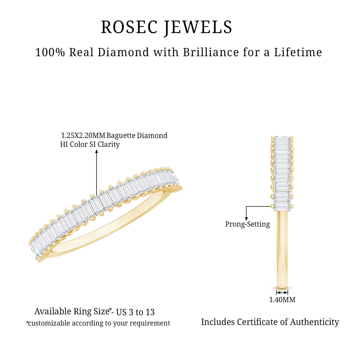 Natural Baguette Diamond Half Eternity Ring for Anniversary