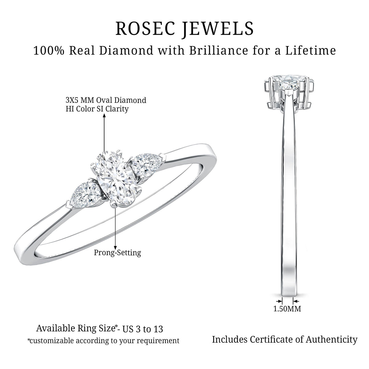 Real Diamond 3 Stone Promise Ring for Valentines