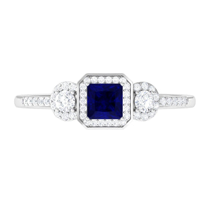 Real Blue Sapphire Princess Cut Blue Sapphire Engagement Ring with Diamond
