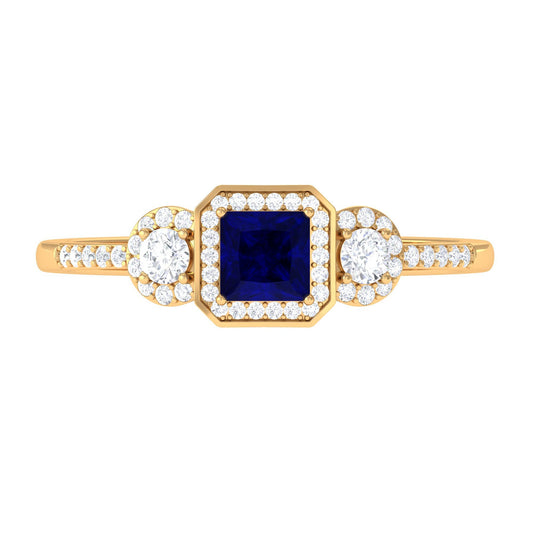 Anillo de compromiso de zafiro azul con corte princesa y diamantes de zafiro azul auténtico