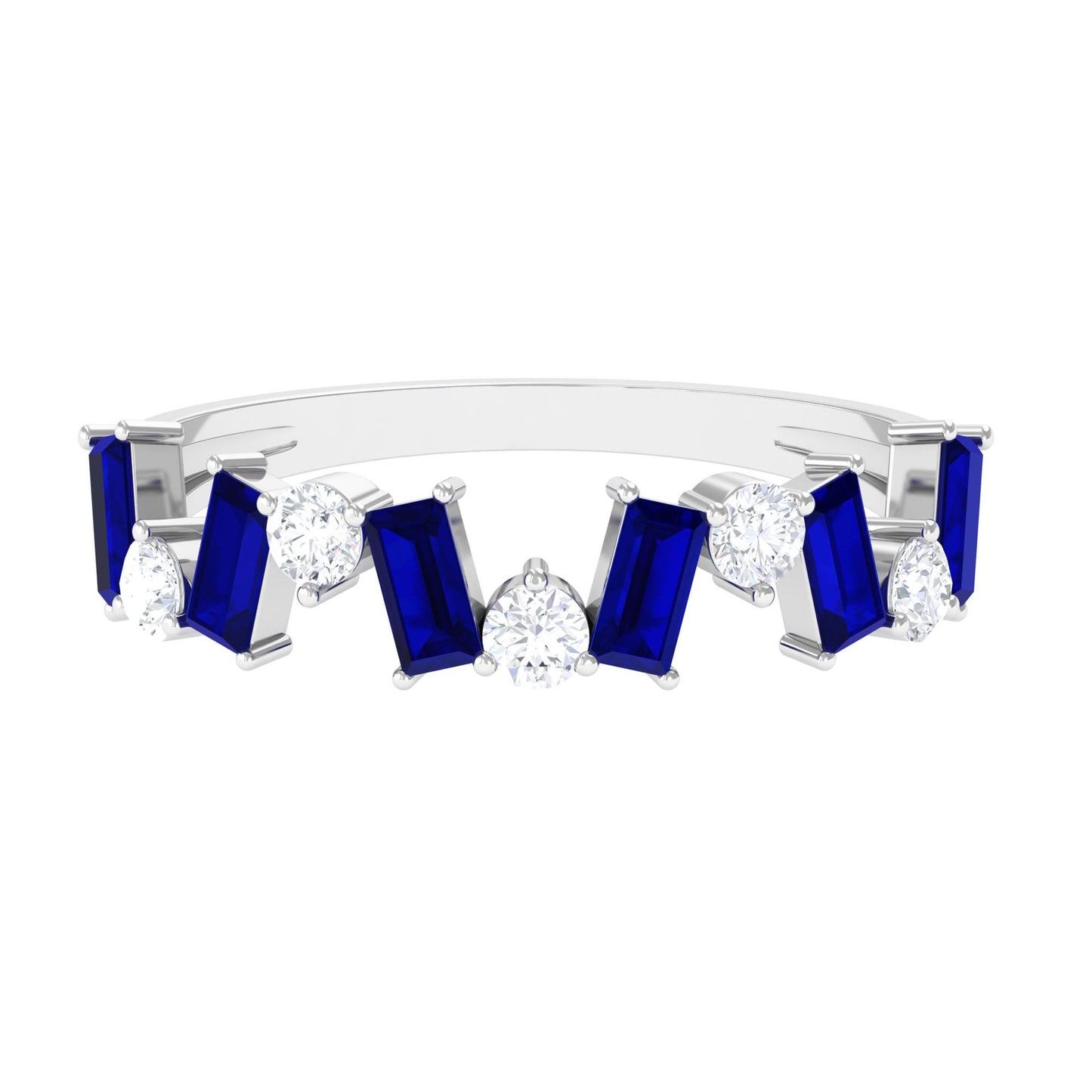 Anillo de Media Alianza con Zafiro Azul Baguette y Diamantes Genuinos