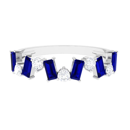 Anillo de Media Alianza con Zafiro Azul Baguette y Diamantes Genuinos