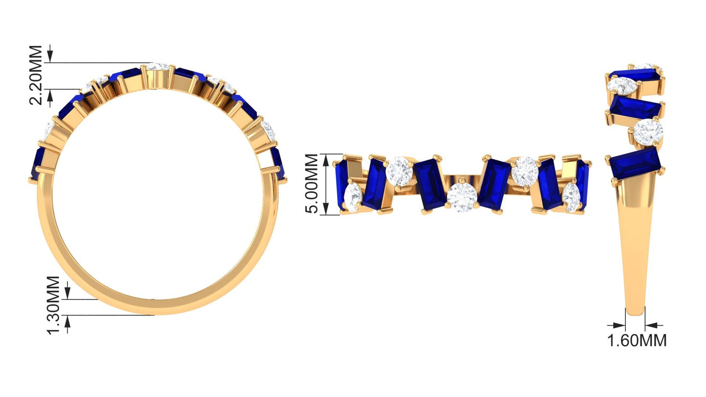 Anillo de Media Alianza con Zafiro Azul Baguette y Diamantes Genuinos