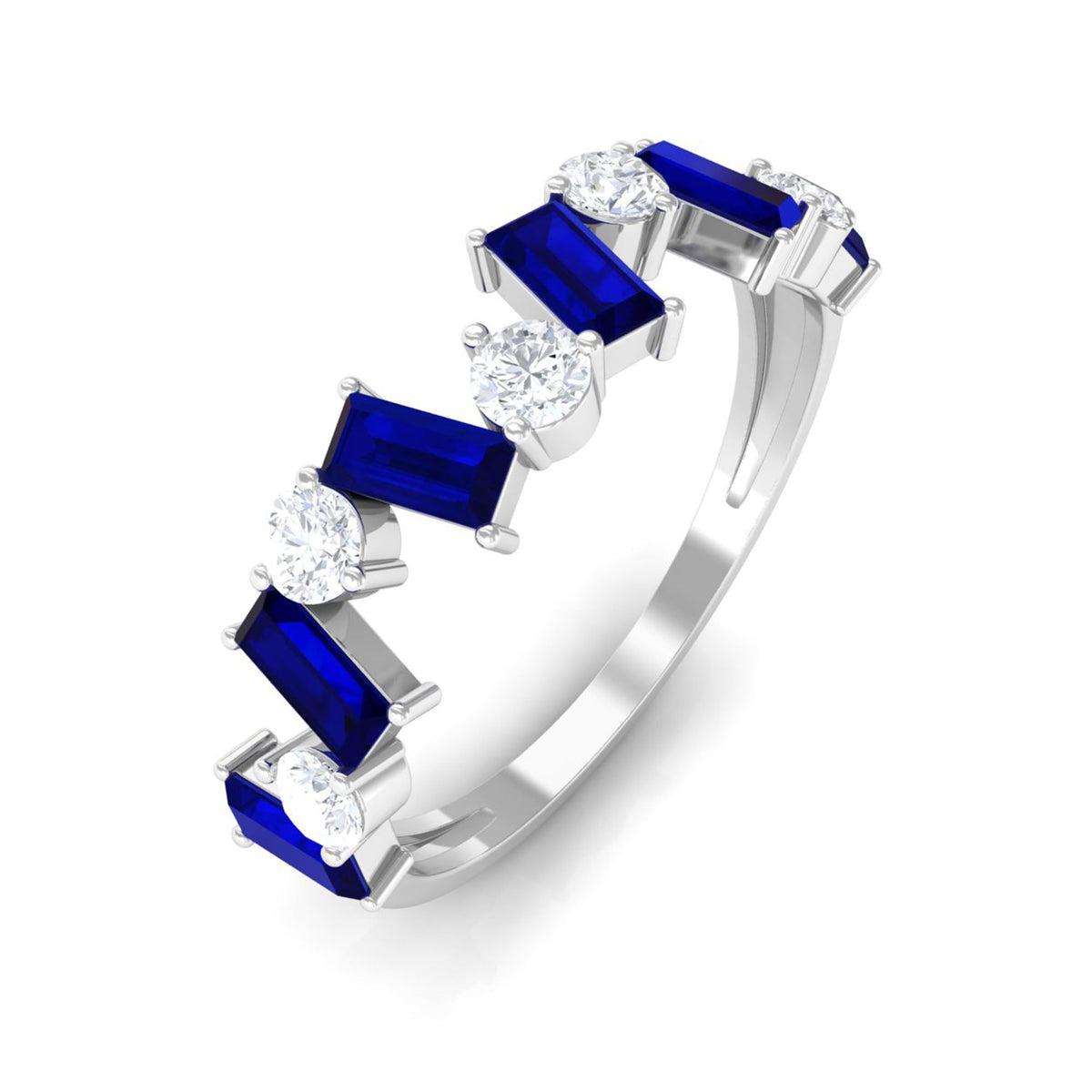 Anillo de Media Alianza con Zafiro Azul Baguette y Diamantes Genuinos
