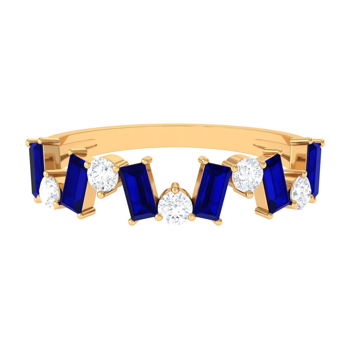 Anillo de Media Alianza con Zafiro Azul Baguette y Diamantes Genuinos