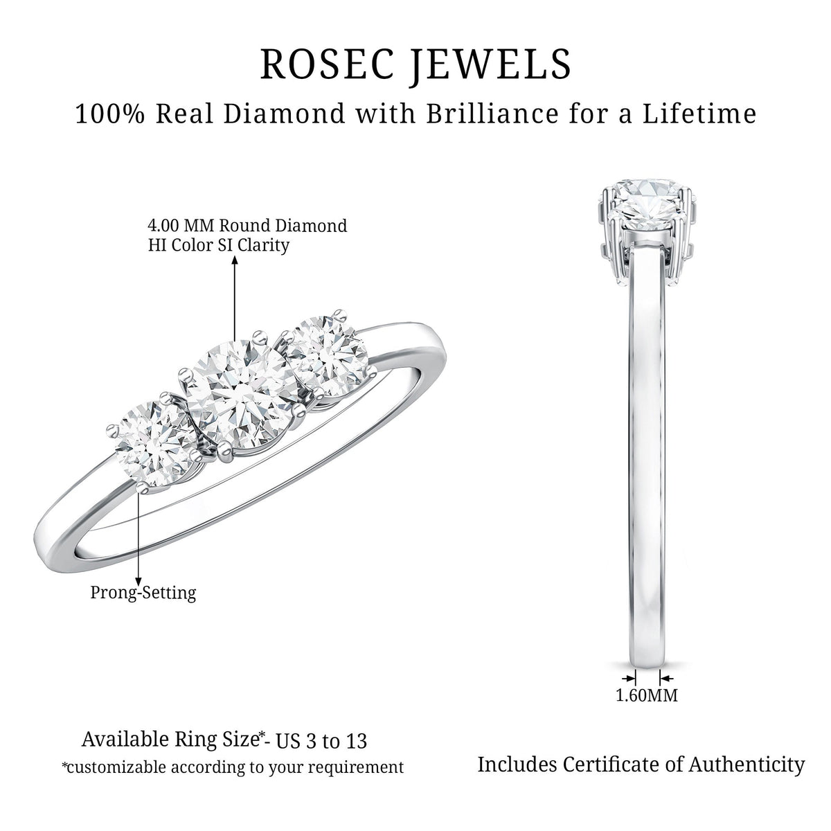 Natural Diamond 3 Stone Engagement Ring with Certificate