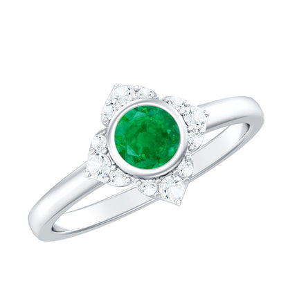 Natural Bezel Set 0.4 Carat Emerald Flower Engagement Ring with Diamond