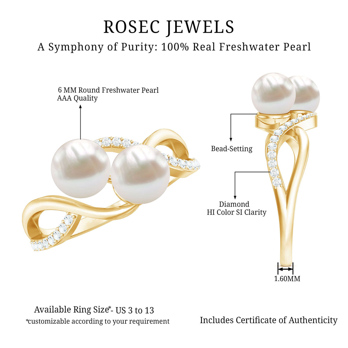 Cultured Freshwater Pearl Toi Et Moi Engagement Ring with Diamond