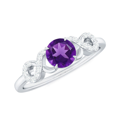 Anillo de compromiso de amatista natural con nudo infinito de diamantes