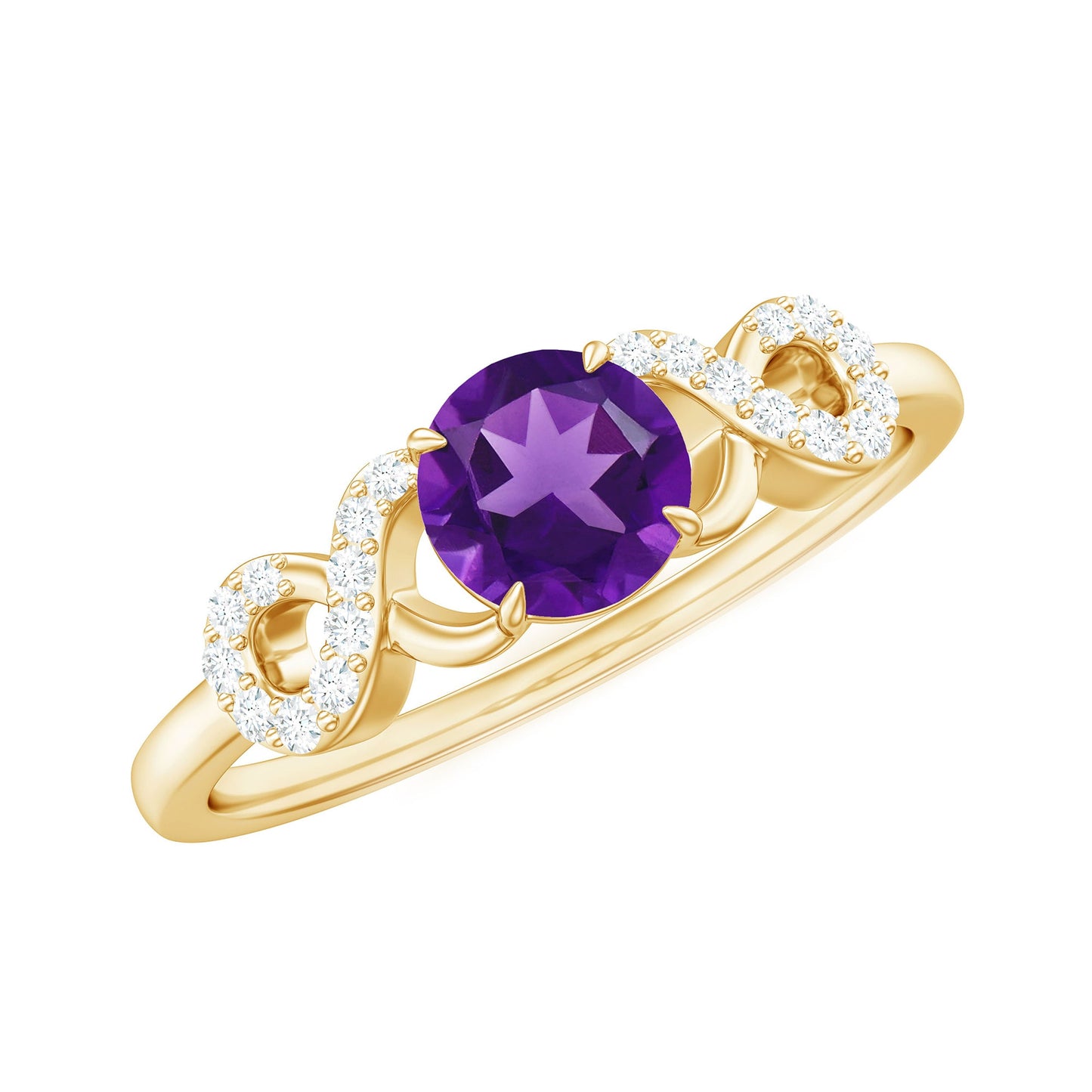 Anillo de compromiso de amatista natural con nudo infinito de diamantes