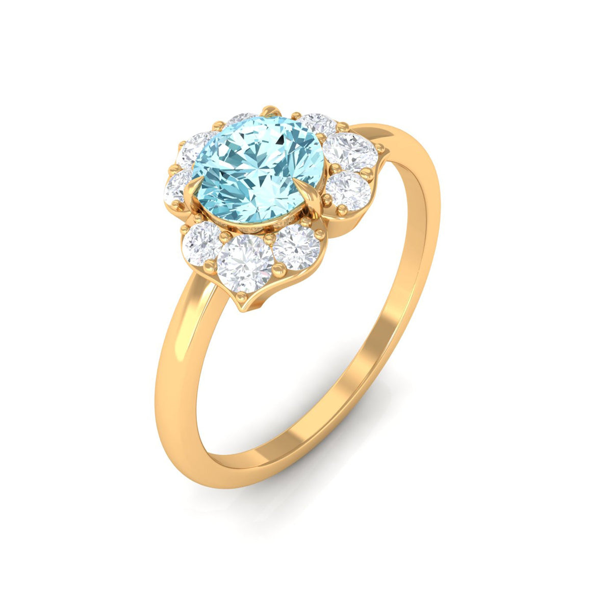 Real Round Aquamarine and Diamond Flower Engagement Ring with Certificate