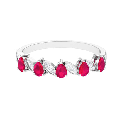 Real Pear Shape Ruby Half Eternity Ring with Diamond for Women