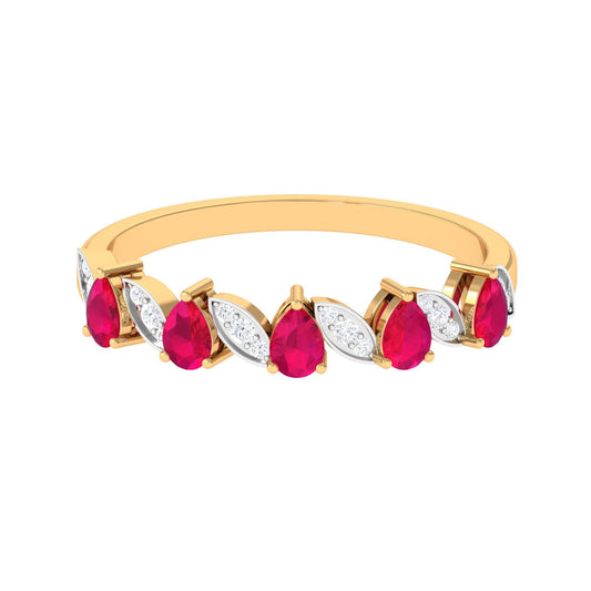 Anillo de media eternidad de rubí genuino talla pera con diamante para mujer
