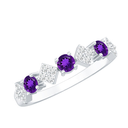 Real Amethyst Half Eternity Ring with Diamond for Women