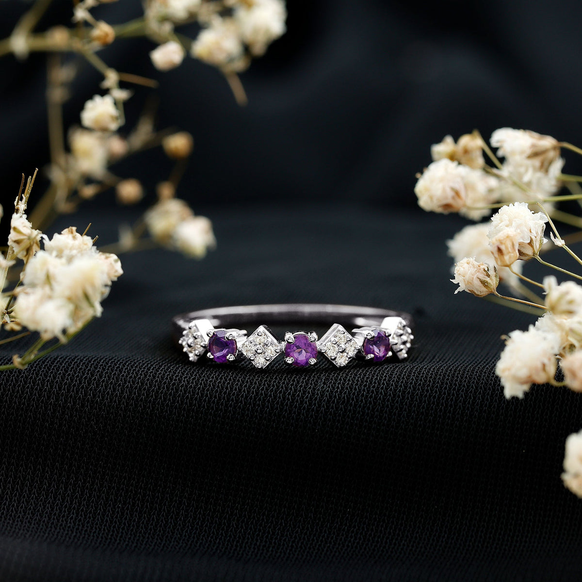 Real Amethyst Half Eternity Ring with Diamond for Women