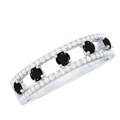 Round Cut Black Onyx and Diamond Half Eternity Band Ring