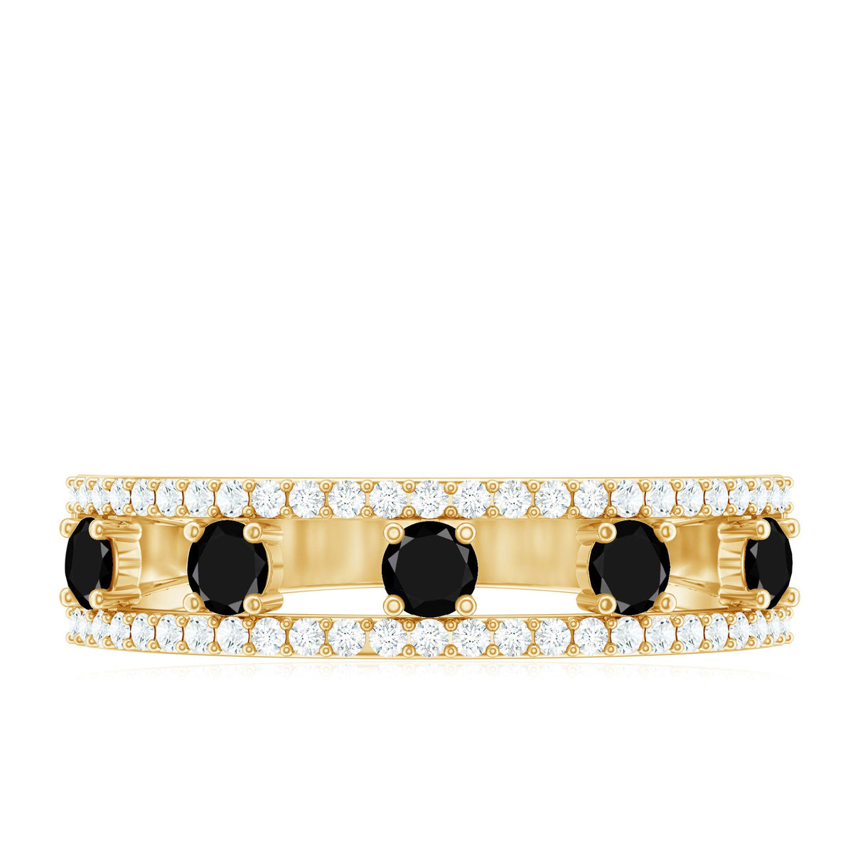 Round Cut Black Onyx and Diamond Half Eternity Band Ring