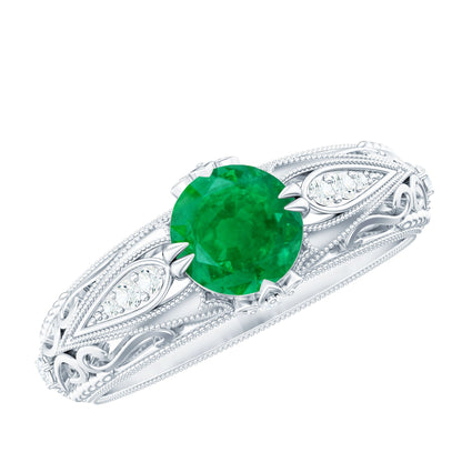 Natural Emerald Diamond Antique Looking Engagement Ring