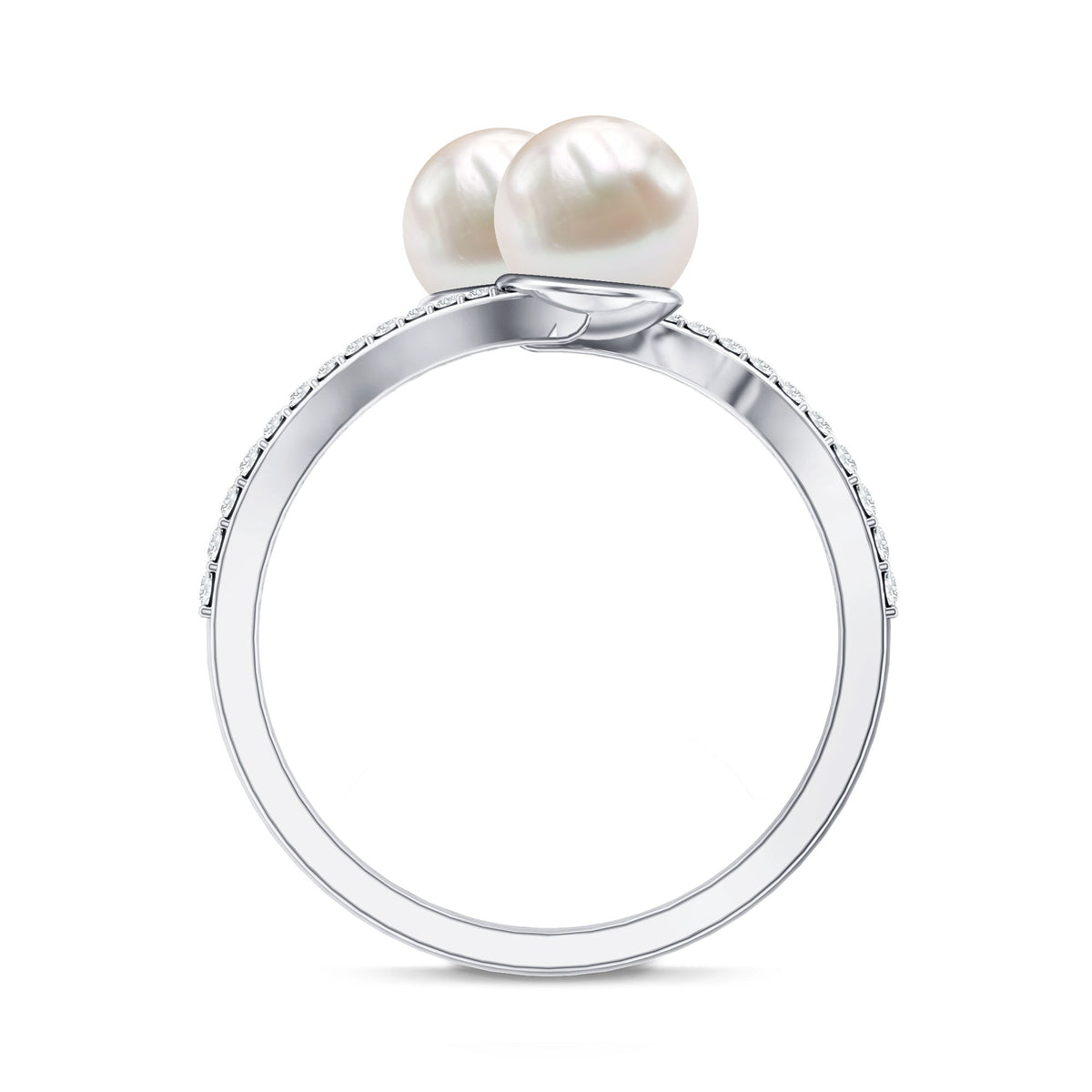 Natural Freshwater Pearl 2 Stone Engagement Ring with Diamond