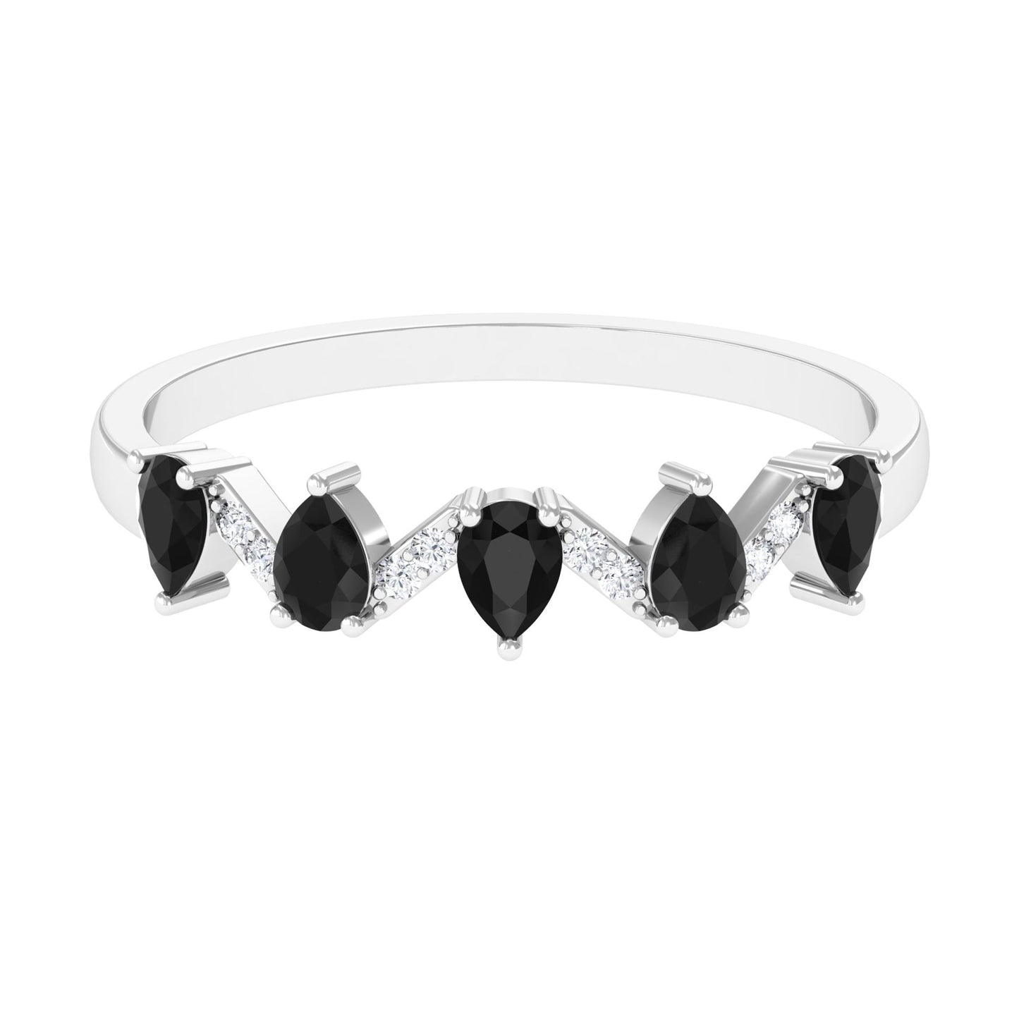 Anillo de banda de media eternidad de ónix negro en forma de pera con diamante