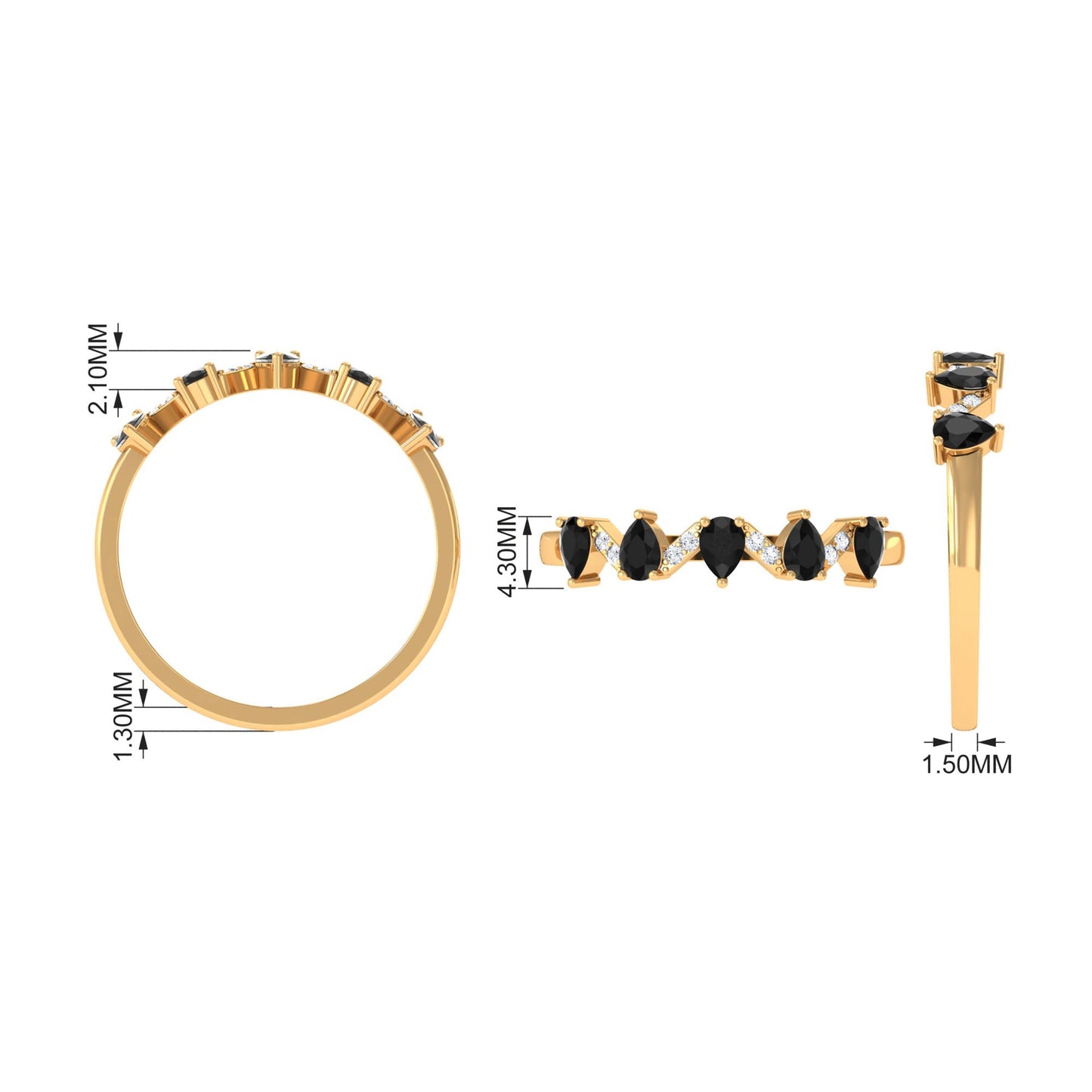 Anillo de banda de media eternidad de ónix negro en forma de pera con diamante