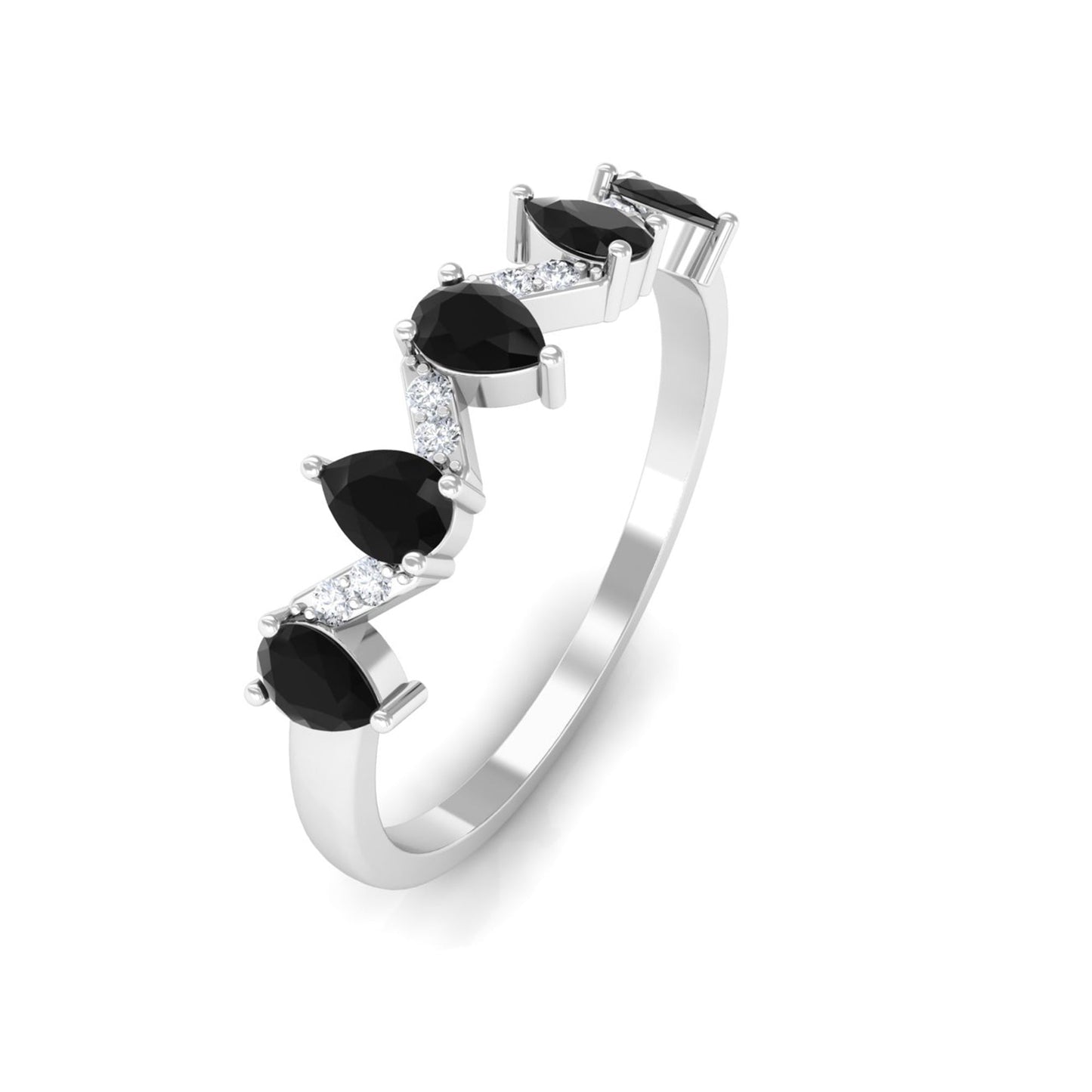 Anillo de banda de media eternidad de ónix negro en forma de pera con diamante