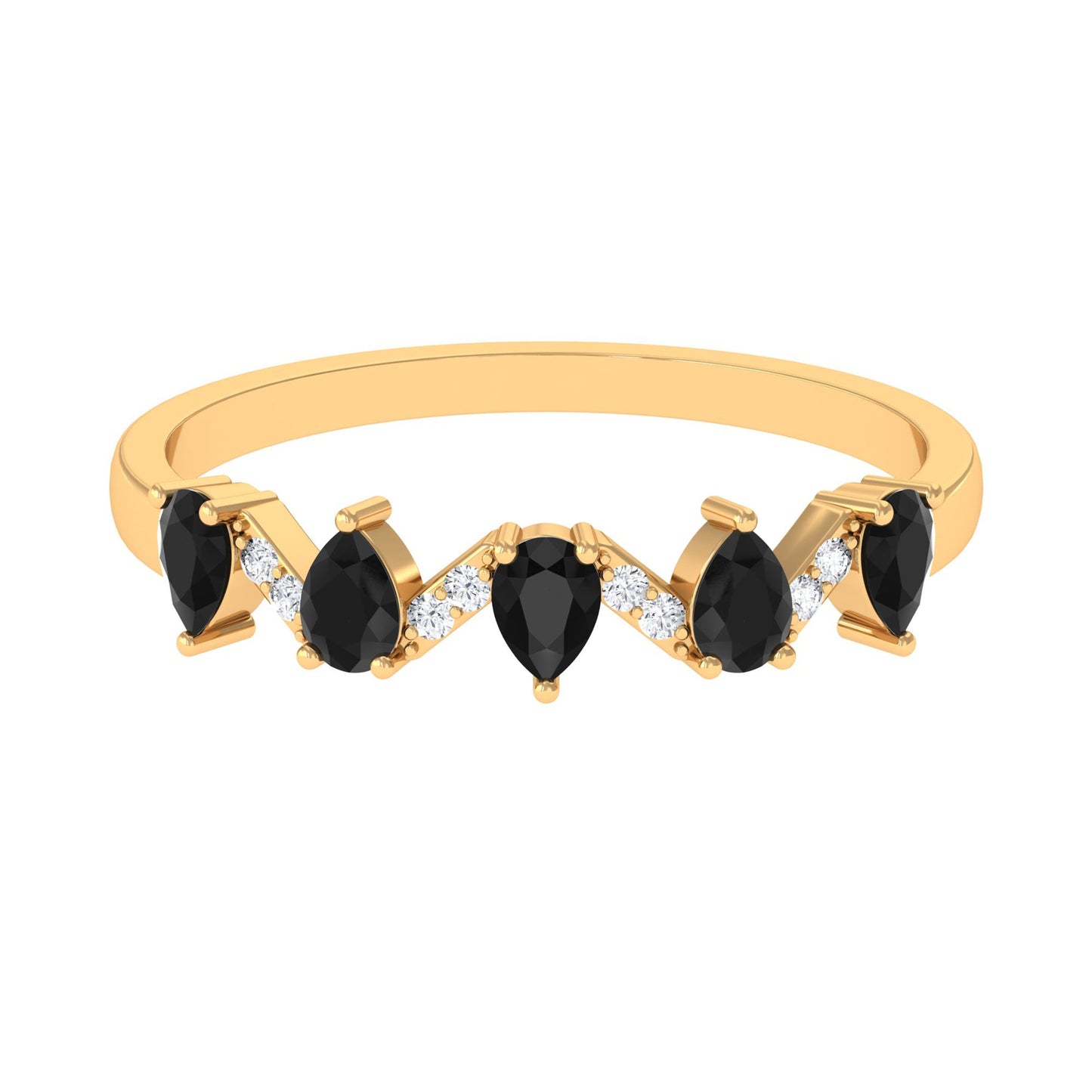 Anillo de banda de media eternidad de ónix negro en forma de pera con diamante