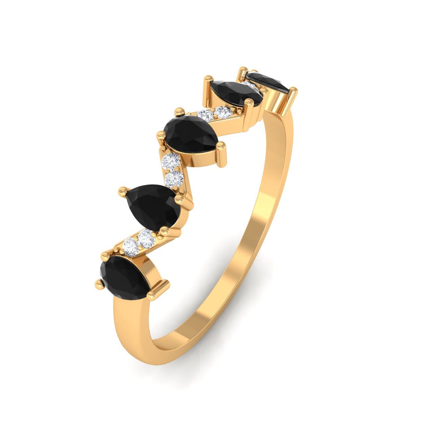 Anillo de banda de media eternidad de ónix negro en forma de pera con diamante