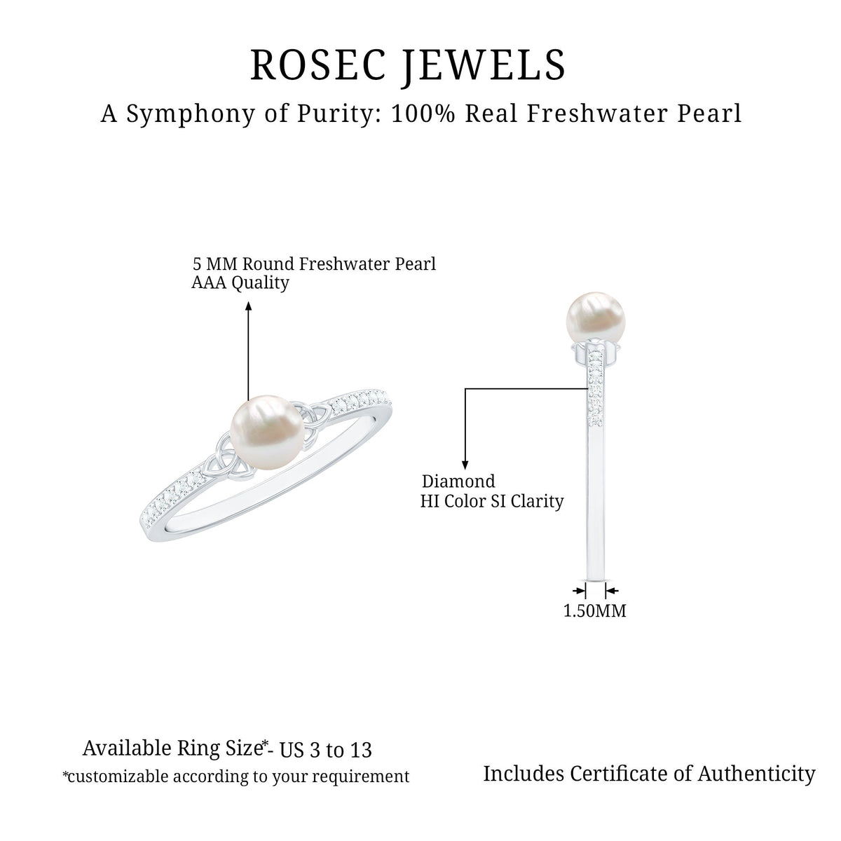 Cultured 2 Carat Freshwater Pearl Diamond Promise Ring with Celtic Knot