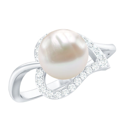 Cultured Freshwater Pearl Promise Ring with Diamond Leaf