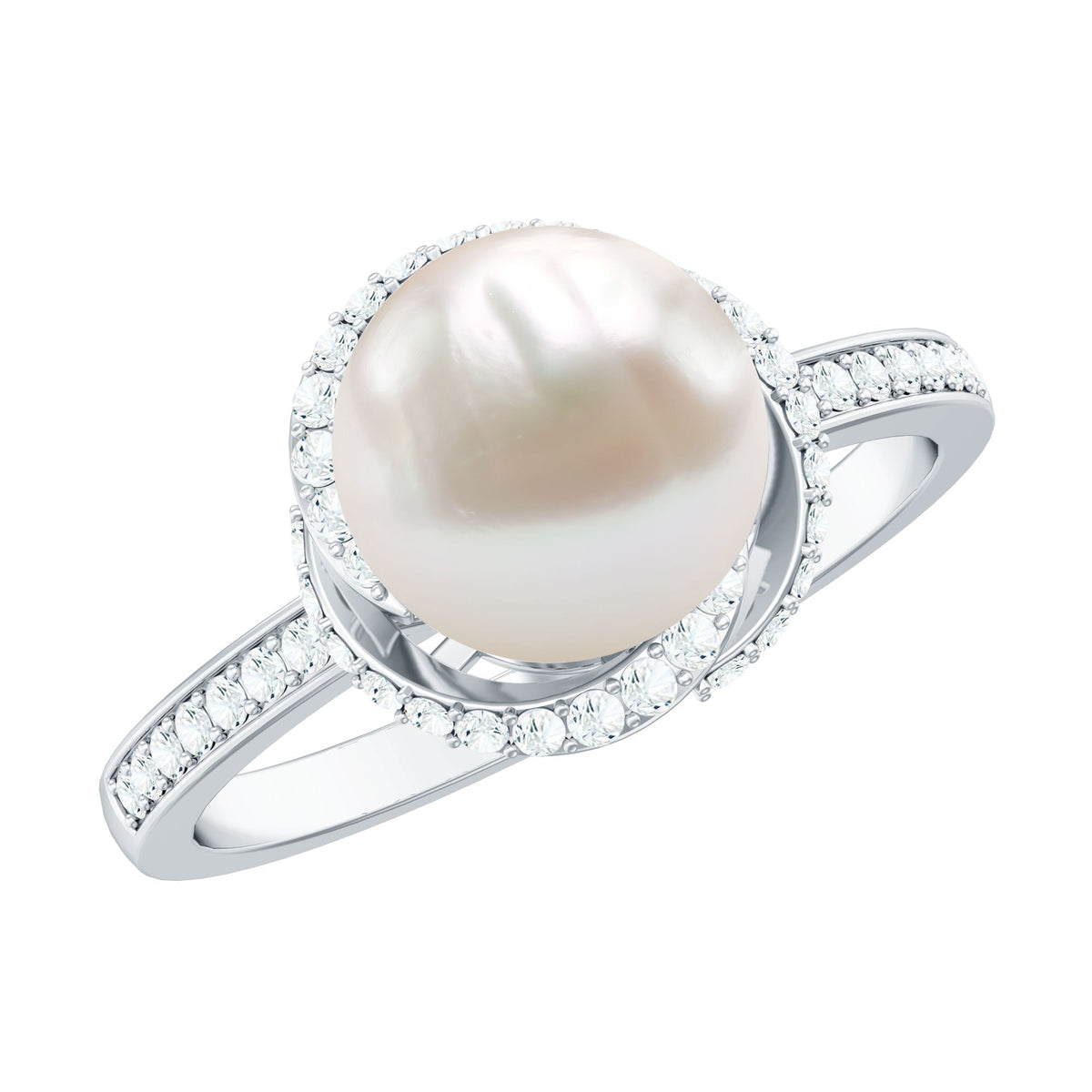 Anillo de compromiso de perlas cultivadas de agua dulce de 7,4 quilates con diamantes de diseño