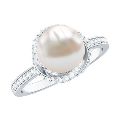Anillo de compromiso de perlas cultivadas de agua dulce de 7,4 quilates con diamantes de diseño