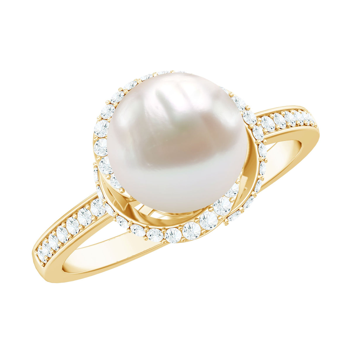 Anillo de compromiso de perlas cultivadas de agua dulce de 7,4 quilates con diamantes de diseño