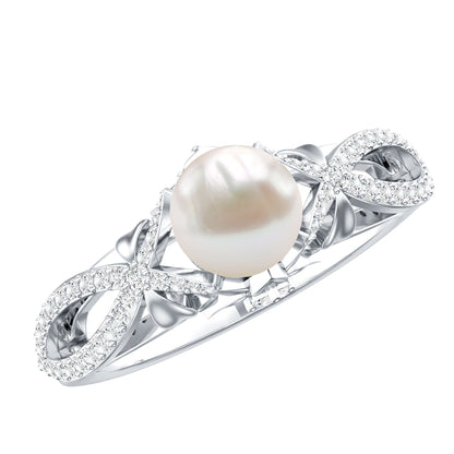 Cultured 2.2 Carat Freshwater Pearl Solitaire Engagement Ring with Diamond Crossover Shank