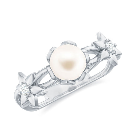 2.2 Carat Freshwater Pearl and Diamond Flower Engagement Ring