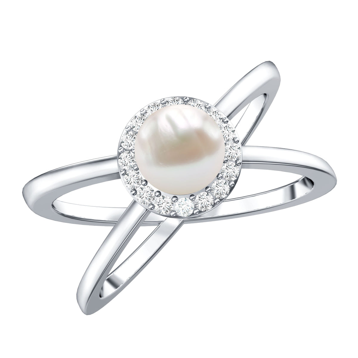 Anillo de compromiso con halo de diamantes y perla cultivada de agua dulce de 2 quilates auténticos con vástago entrecruzado