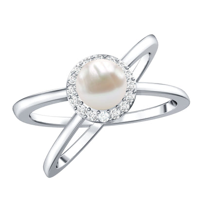 Anillo de compromiso con halo de diamantes y perla cultivada de agua dulce de 2 quilates auténticos con vástago entrecruzado