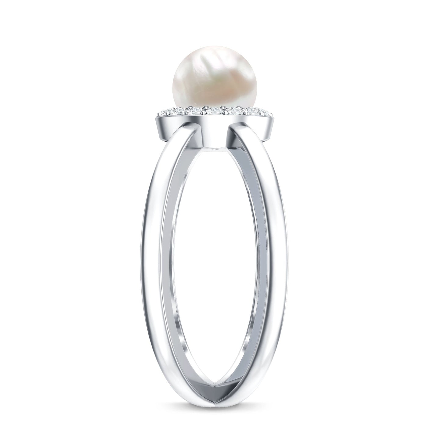 Anillo de compromiso con halo de diamantes y perla cultivada de agua dulce de 2 quilates auténticos con vástago entrecruzado